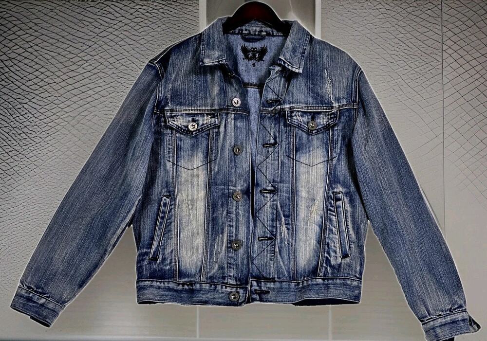 FUSAI Vintage Jean Jacket Women's Small Stone Washed Distressed Stretch Denim